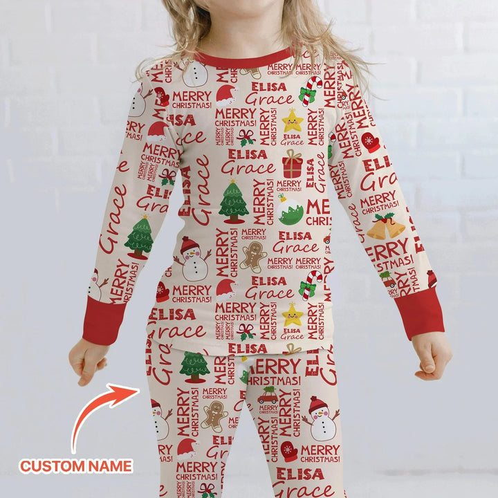 Custom Name Merry Christmas Two Piece Long Sleeve Pajama Set , Custom Name Merry Christmas Two Piece Long Sleeve Pajama Set - 12-18M