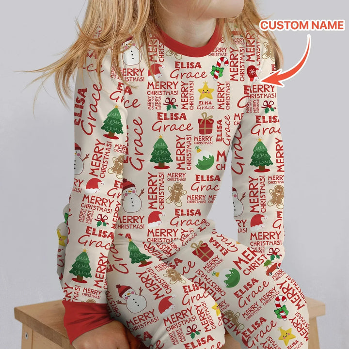 Custom Name Merry Christmas Two Piece Long Sleeve Pajama Set , Custom Name Merry Christmas Two Piece Long Sleeve Pajama Set - 12-18M