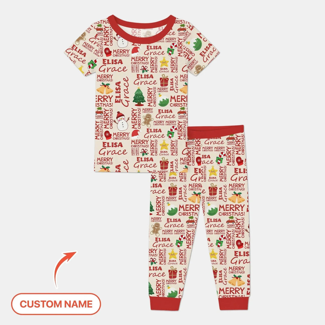 Custom Name Merry Christmas Two Piece Short Sleeve Pajama Set , Custom Name Merry Christmas Two Piece Short Sleeve Pajama Set - 12-18M
