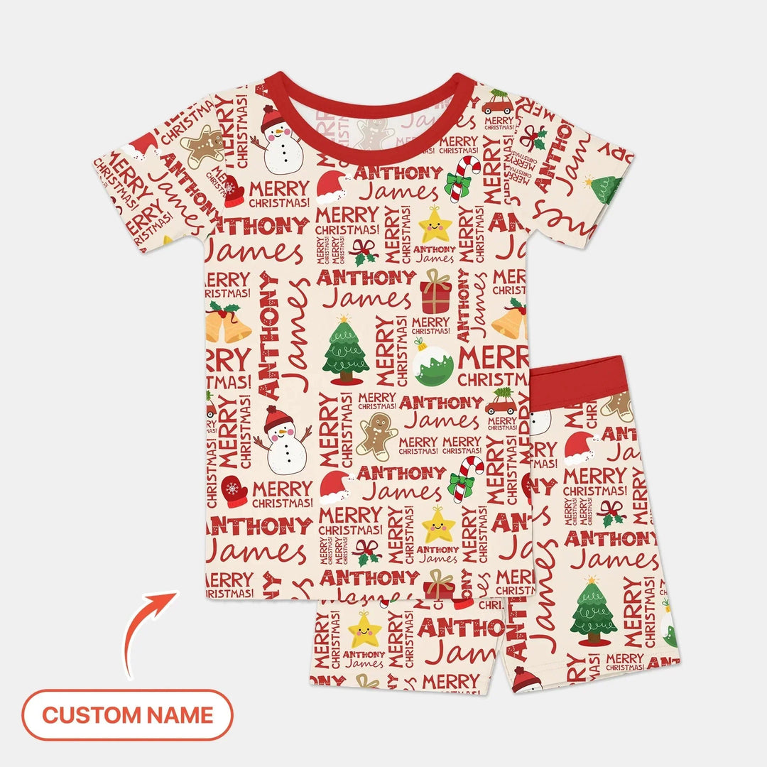 Custom Name Merry Christmas Two Piece Short Sleeve Shorts Pajama Set , Custom Name Merry Christmas Two Piece Short Sleeve Shorts Pajama Set - 12-18M