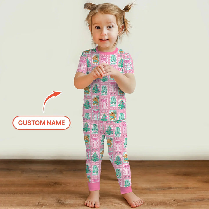 Custom Name "Merry Pink Christmas" Two Piece Long Sleeve Pajama Set , Custom Name "Merry Pink Christmas" Two Piece Long Sleeve Pajama Set - 12-18M