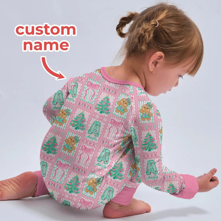 Custom Name "Merry Pink Christmas" Two Piece Long Sleeve Pajama Set , Custom Name "Merry Pink Christmas" Two Piece Long Sleeve Pajama Set - 12-18M