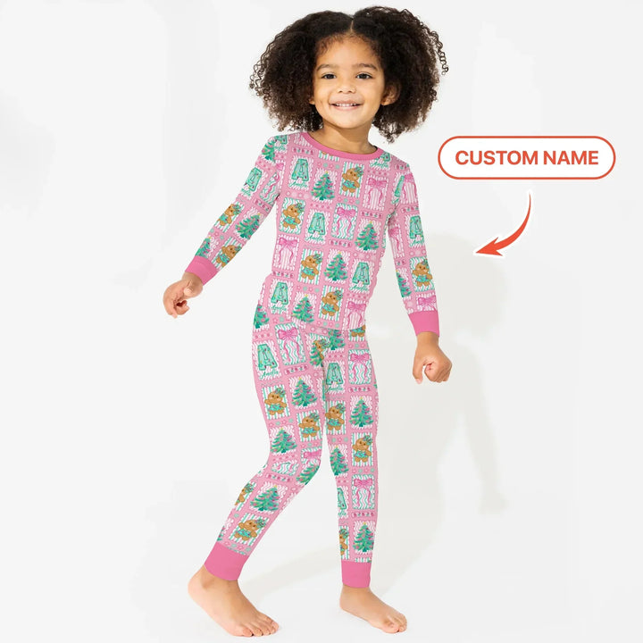 Custom Name "Merry Pink Christmas" Two Piece Long Sleeve Pajama Set , Custom Name "Merry Pink Christmas" Two Piece Long Sleeve Pajama Set - 12-18M