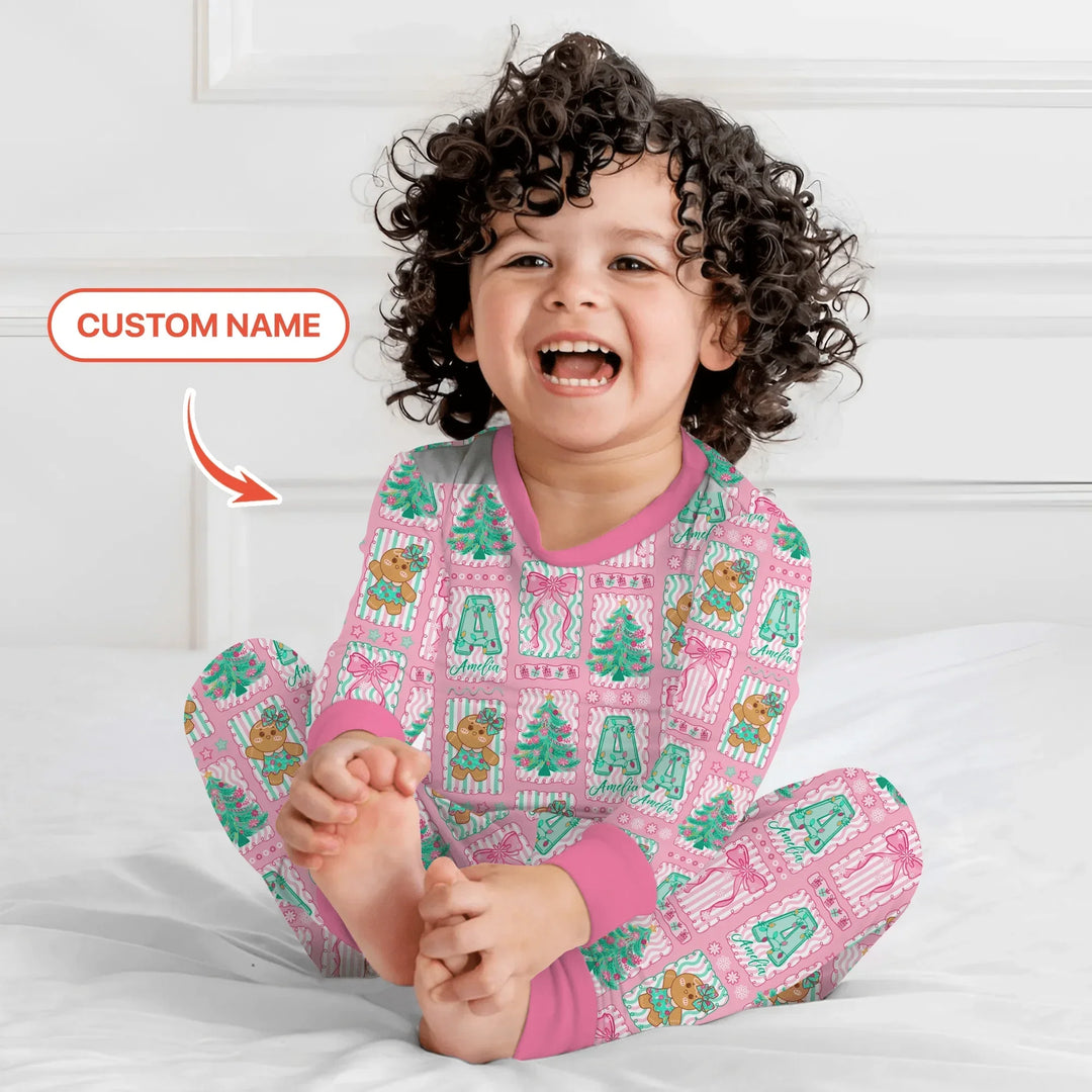 Custom Name "Merry Pink Christmas" Two Piece Long Sleeve Pajama Set , Custom Name "Merry Pink Christmas" Two Piece Long Sleeve Pajama Set - 12-18M