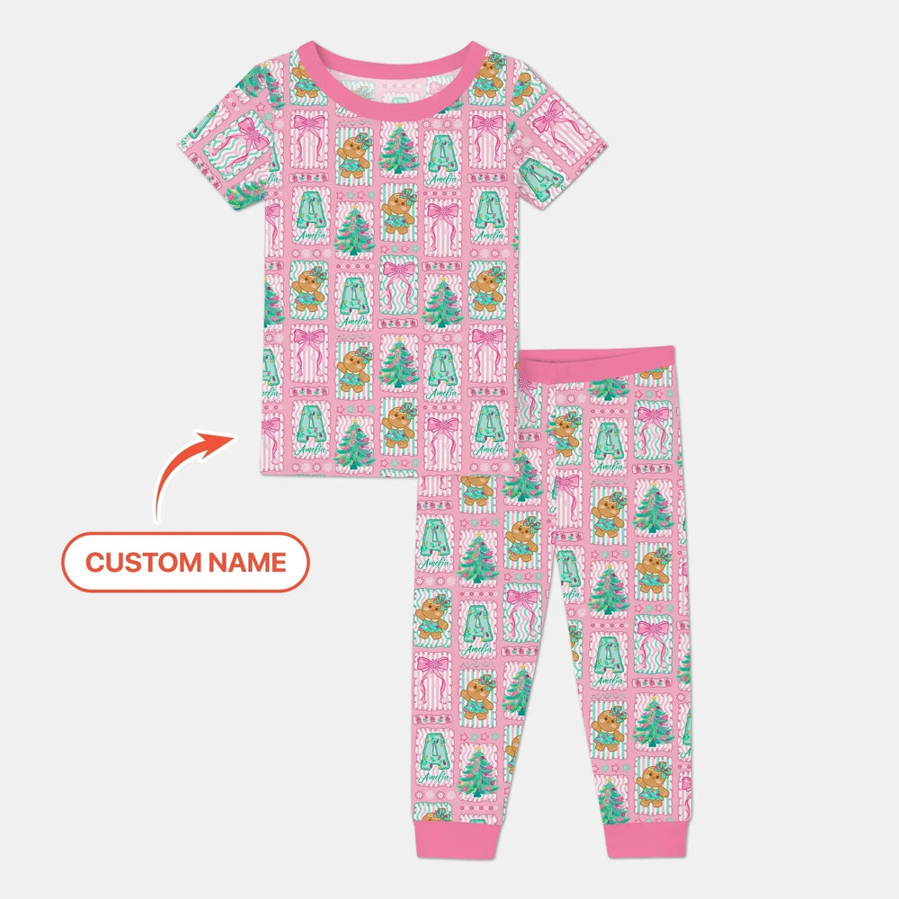 Custom Name "Merry Pink Christmas" Two Piece Short Sleeve Pajama Set , Custom Name "Merry Pink Christmas" Two Piece Short Sleeve Pajama Set - 12-18M