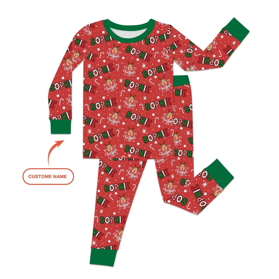 Custom Name "My First Christmas 2025" Two Piece Long Sleeve Pajama Set , Custom Name "My First Christmas 2025" Two Piece Long Sleeve Pajama Set - 12-18M