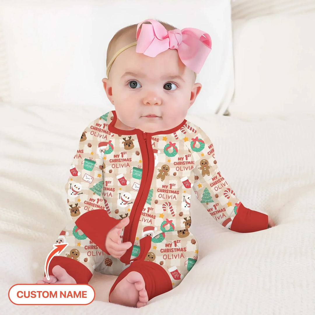 Custom Name My First Christmas Mocha Gingham Convertible Zippy , Custom Name My First Christmas Mocha Gingham Convertible Zippy - 0-3M