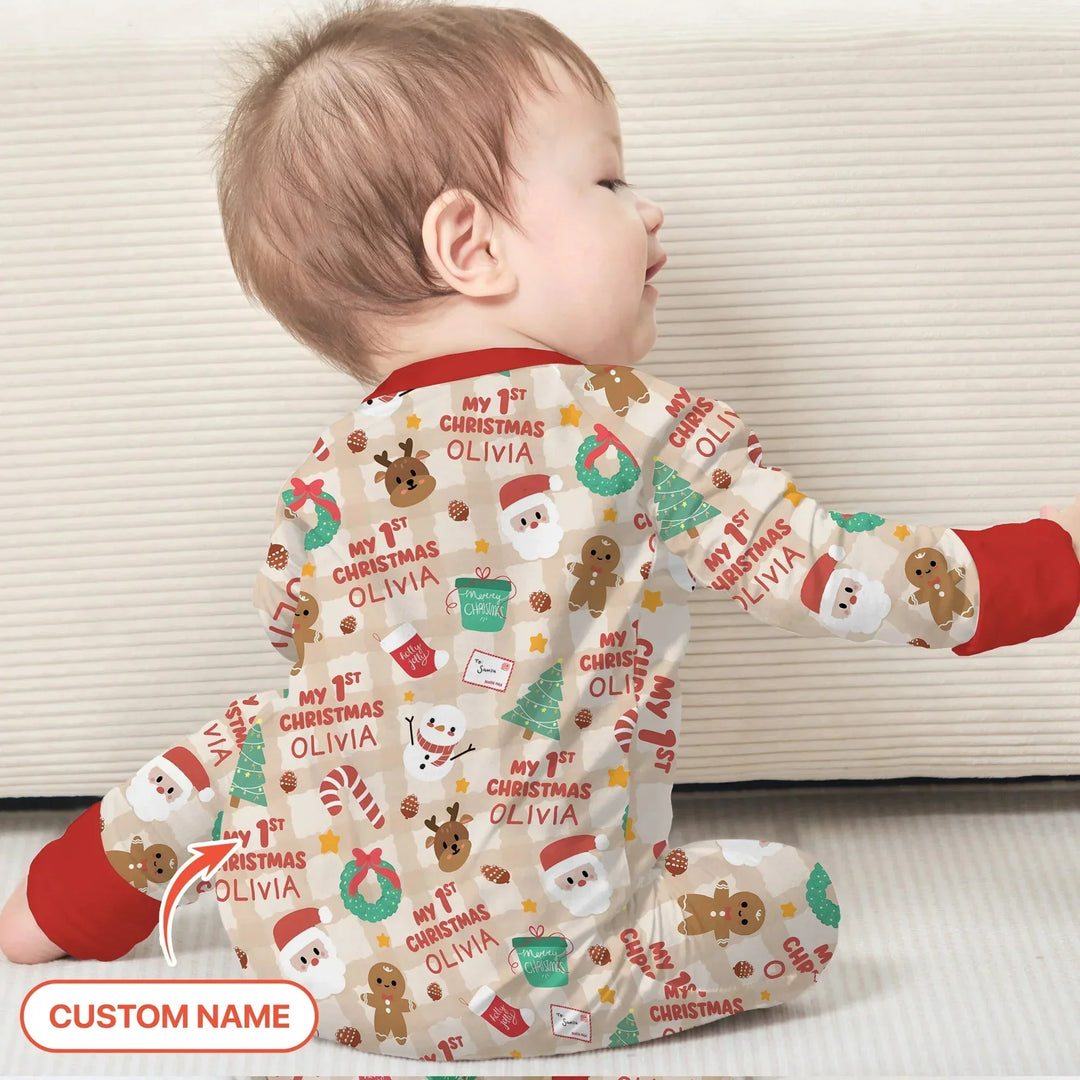 Custom Name My First Christmas Mocha Gingham Convertible Zippy , Custom Name My First Christmas Mocha Gingham Convertible Zippy - 0-3M