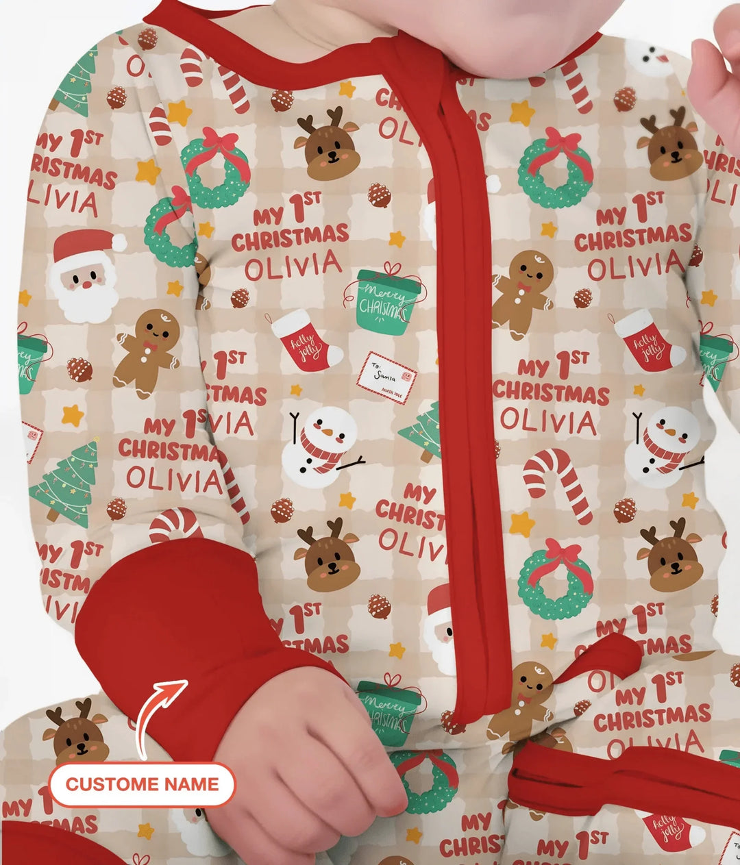 Custom Name My First Christmas Mocha Gingham Convertible Zippy , Custom Name My First Christmas Mocha Gingham Convertible Zippy - 0-3M