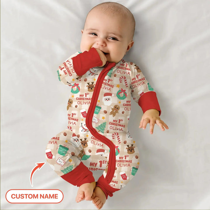Custom Name My First Christmas Mocha Gingham Convertible Zippy , Custom Name My First Christmas Mocha Gingham Convertible Zippy - 0-3M