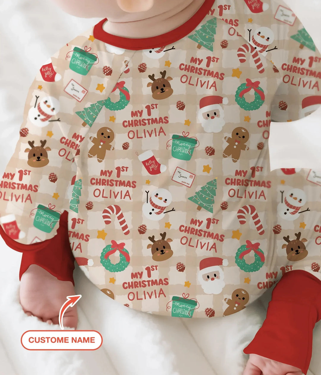 Custom Name My First Christmas Mocha Gingham Convertible Zippy , Custom Name My First Christmas Mocha Gingham Convertible Zippy - 0-3M