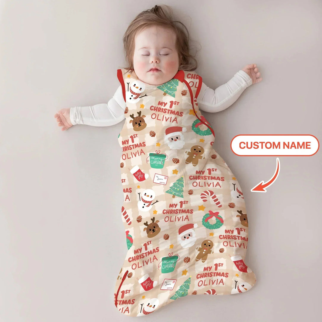 Custom Name My First Christmas Mocha Gingham Sleep Bag , Custom Name My First Christmas Mocha Gingham Sleep Bag - XS / 0.5 TOG