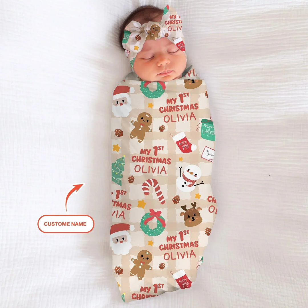 Custom Name My First Christmas Mocha Gingham Swaddle Blanket , Custom Name My First Christmas Mocha Gingham Swaddle Blanket - Default Title