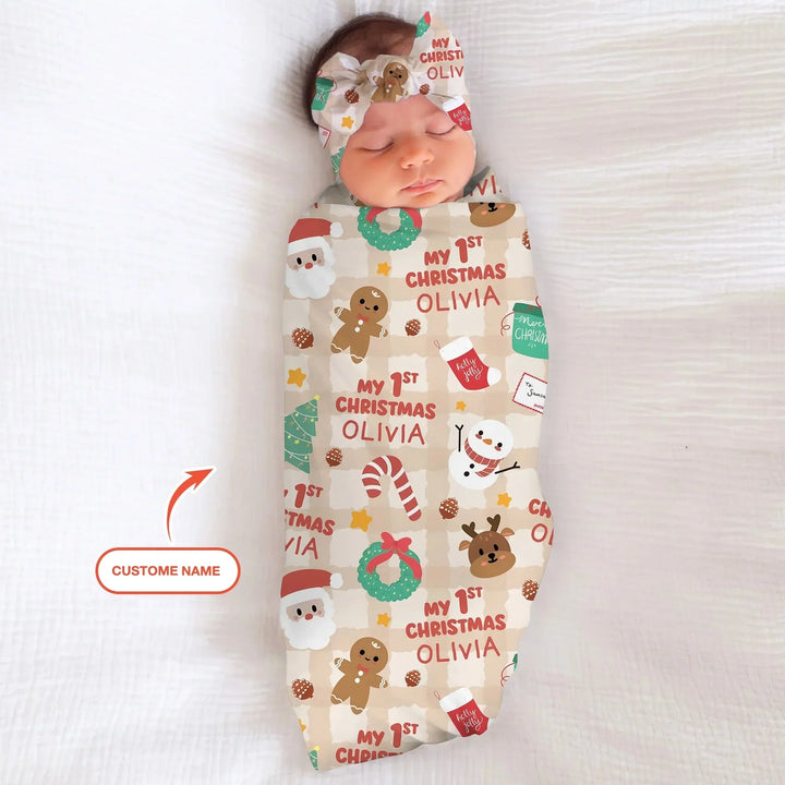 Custom Name My First Christmas Mocha Gingham Swaddle Blanket , Custom Name My First Christmas Mocha Gingham Swaddle Blanket - Default Title
