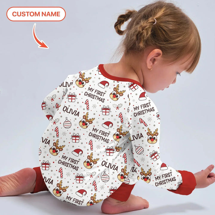 Custom Name Reindeer Doodle My First Christmas Convertible Zippy , Custom Name Reindeer Doodle My First Christmas Convertible Zippy - 0-3M