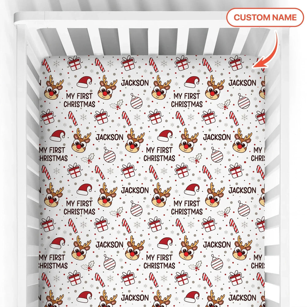 Custom Name Reindeer Doodle My First Christmas Fitted Crib Sheet , Custom Name Reindeer Doodle My First Christmas Fitted Crib Sheet - Default Title