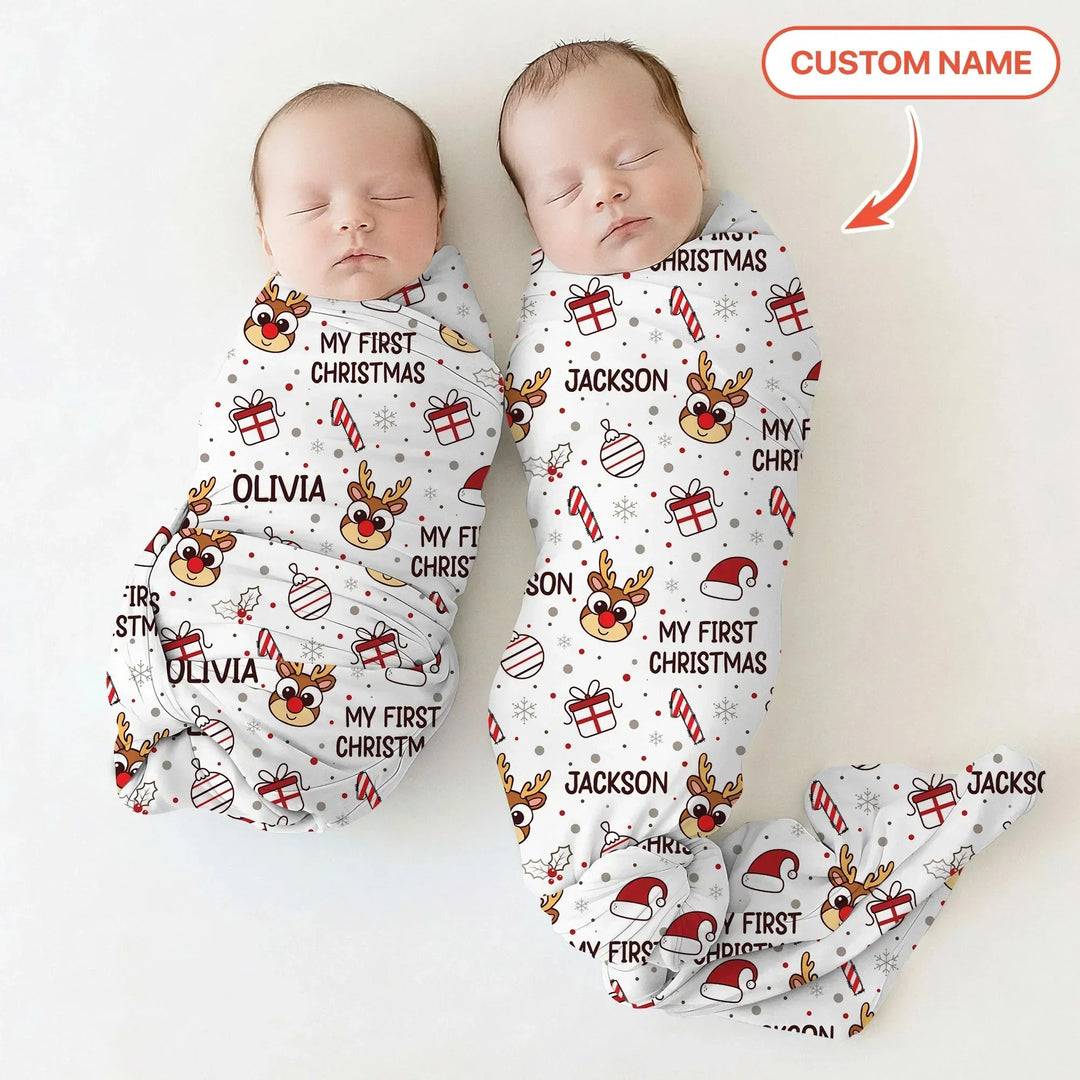 Custom Name Reindeer Doodle My First Christmas Swaddle Blanket , Custom Name Reindeer Doodle My First Christmas Swaddle Blanket - Default Title