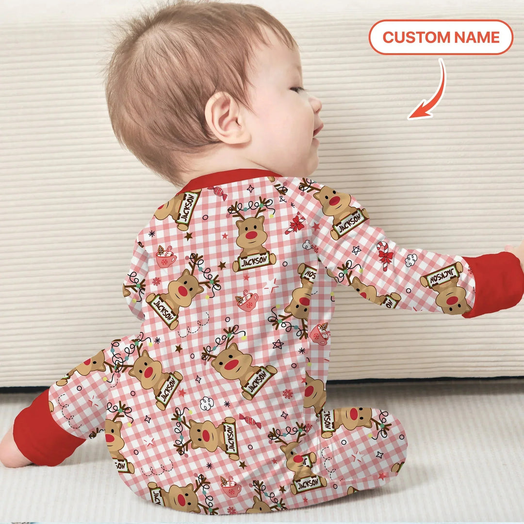 Custom Name Reindeer Gingham Convertible Zippy , Custom Name Reindeer Gingham Convertible Zippy - 0-3M