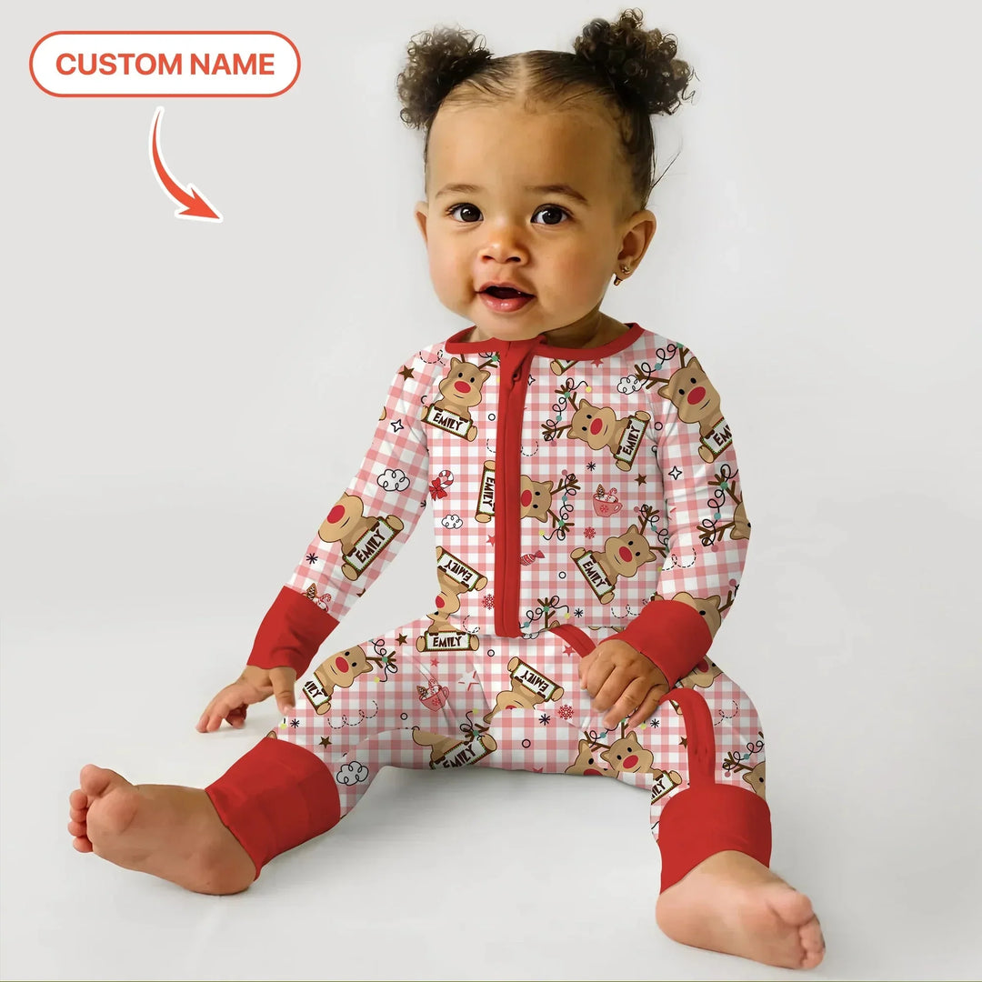 Custom Name Reindeer Gingham Convertible Zippy , Custom Name Reindeer Gingham Convertible Zippy - 0-3M