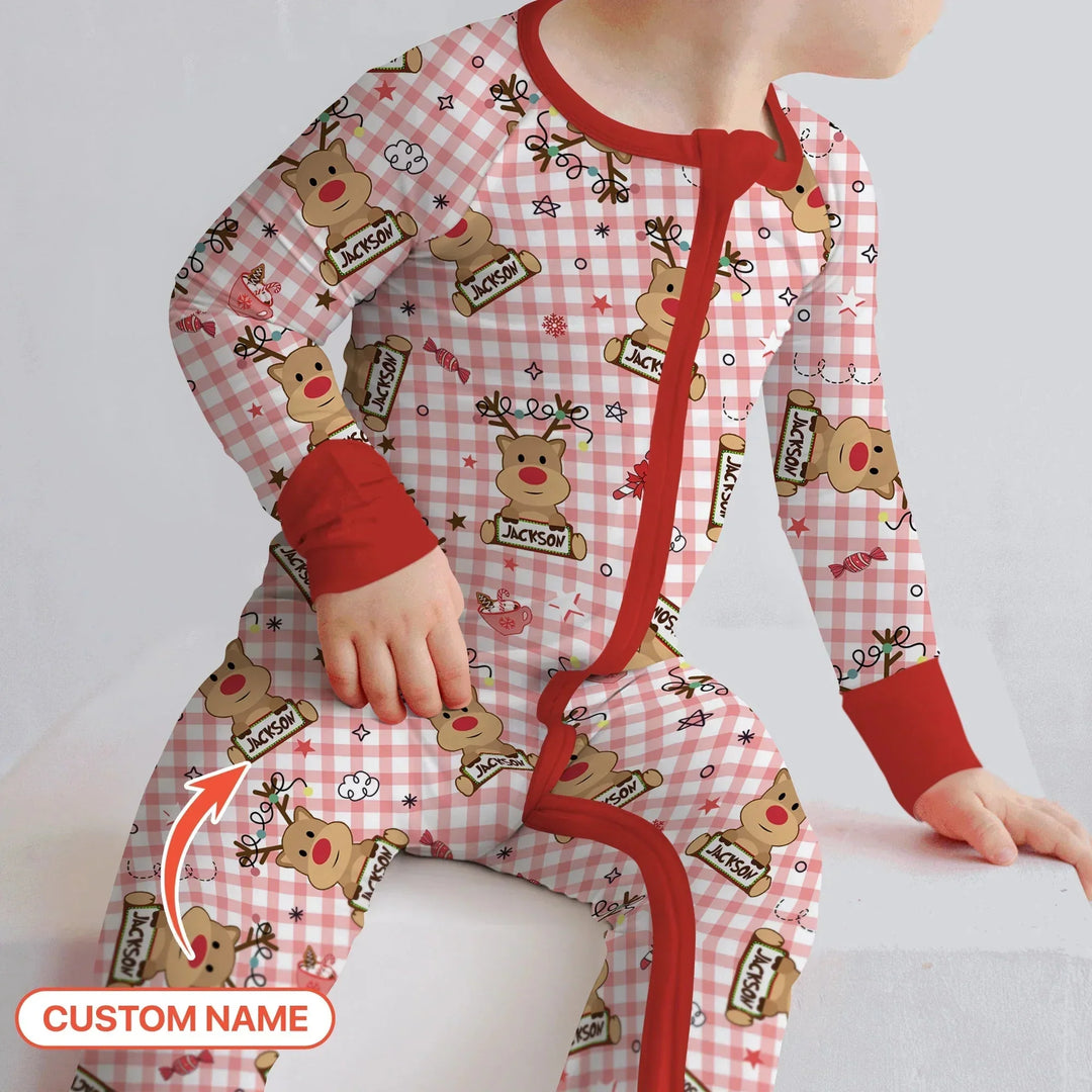 Custom Name Reindeer Gingham Convertible Zippy , Custom Name Reindeer Gingham Convertible Zippy - 0-3M