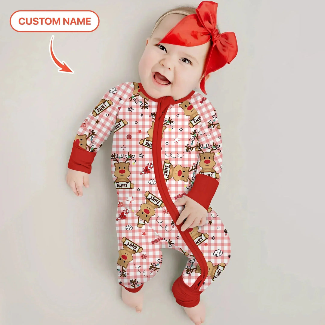Custom Name Reindeer Gingham Convertible Zippy , Custom Name Reindeer Gingham Convertible Zippy - 0-3M