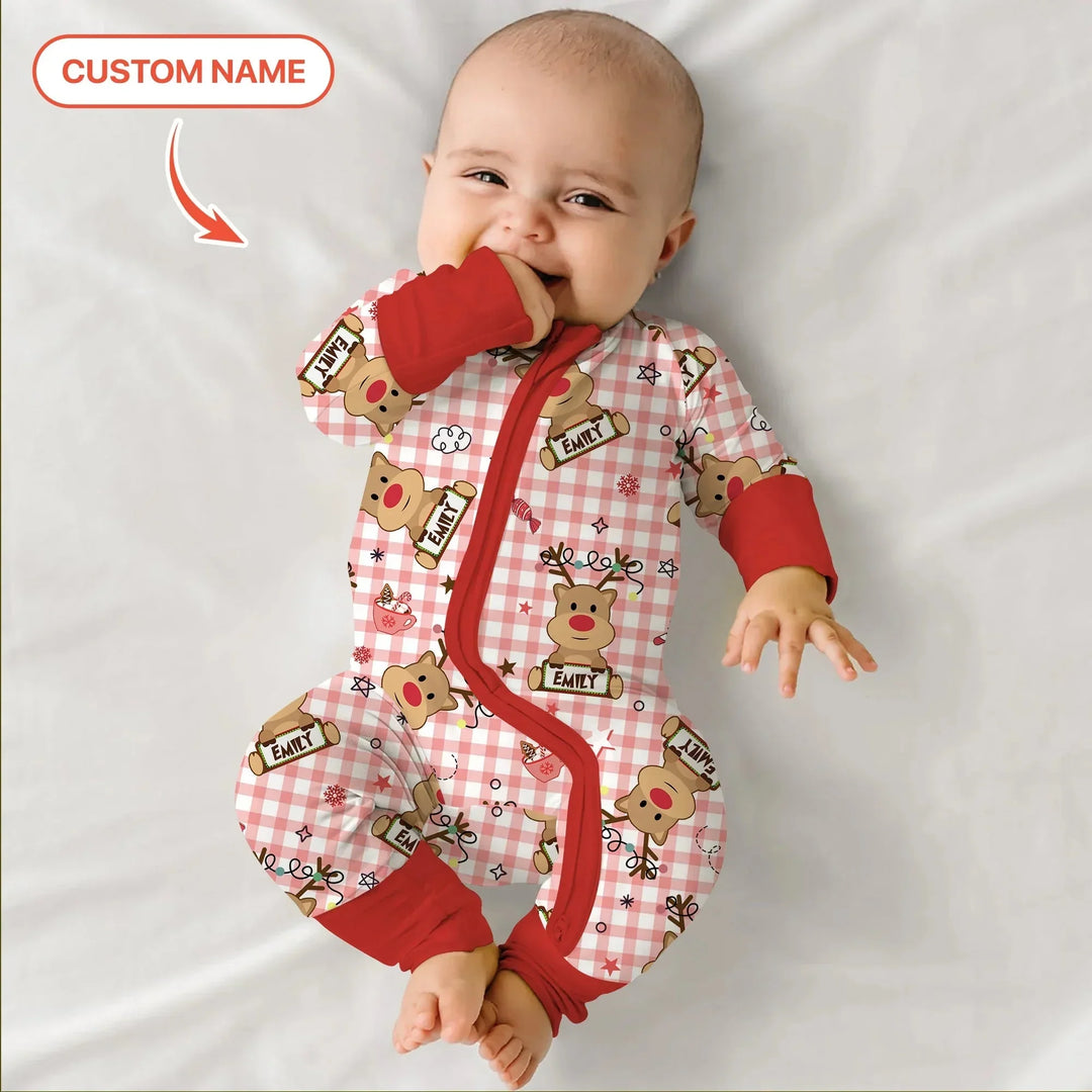 Custom Name Reindeer Gingham Convertible Zippy , Custom Name Reindeer Gingham Convertible Zippy - 0-3M