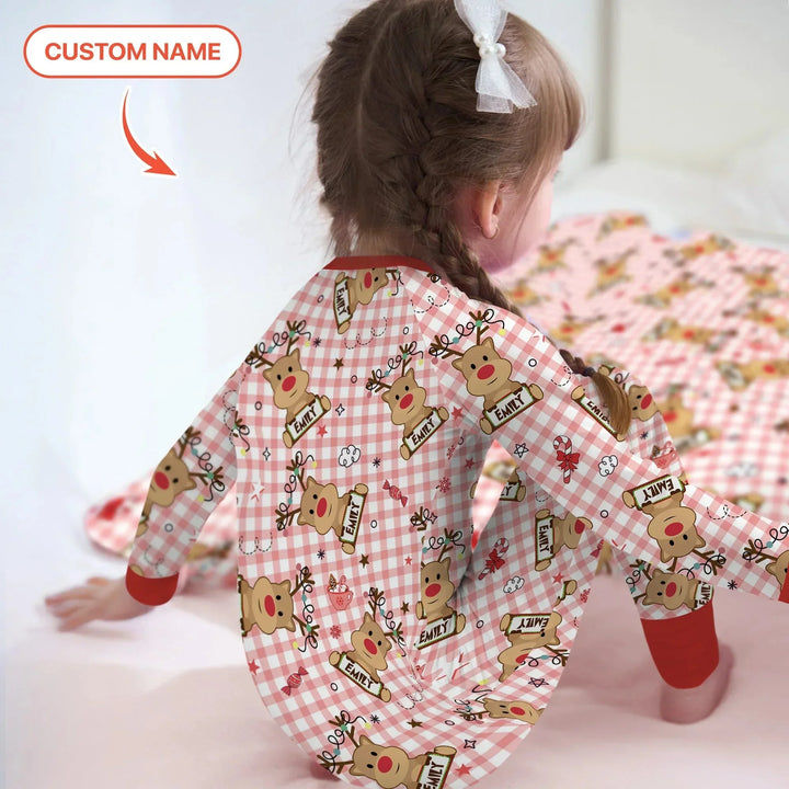 Custom Name Reindeer Gingham Convertible Zippy , Custom Name Reindeer Gingham Convertible Zippy - 0-3M