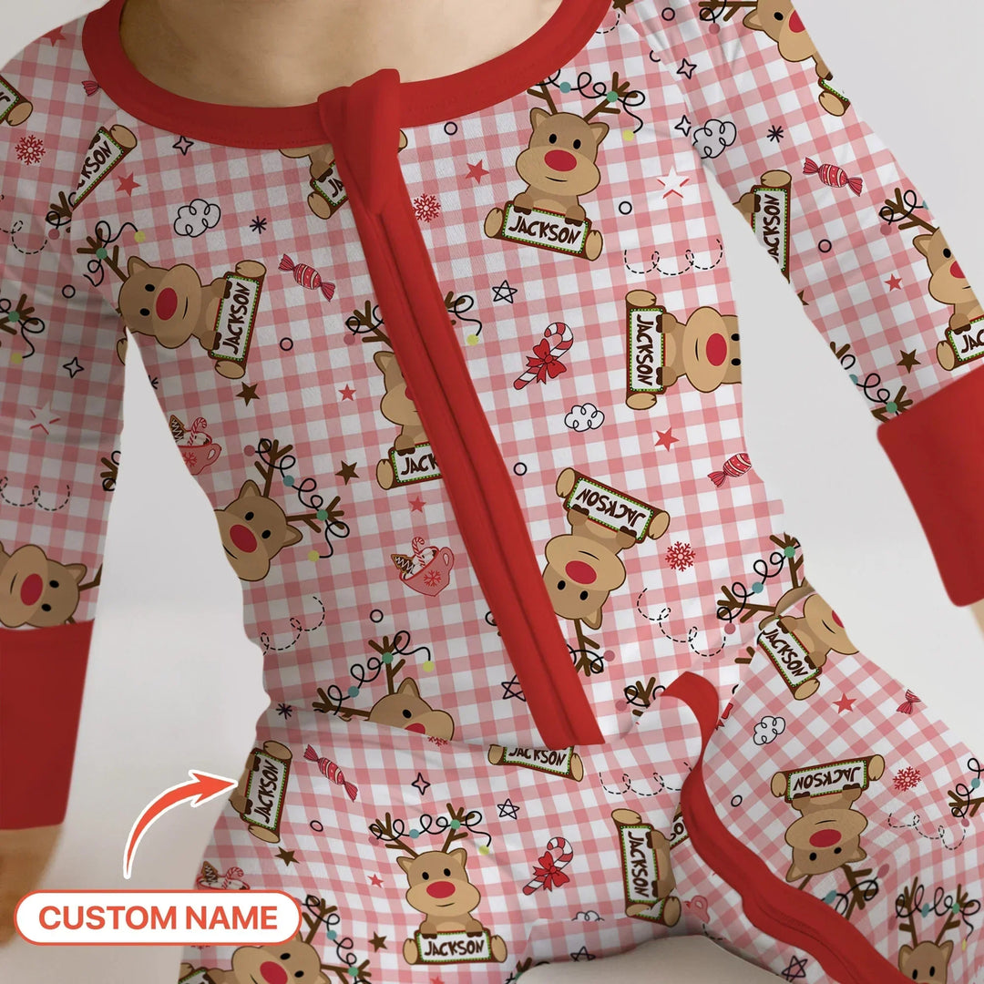 Custom Name Reindeer Gingham Convertible Zippy , Custom Name Reindeer Gingham Convertible Zippy - 0-3M