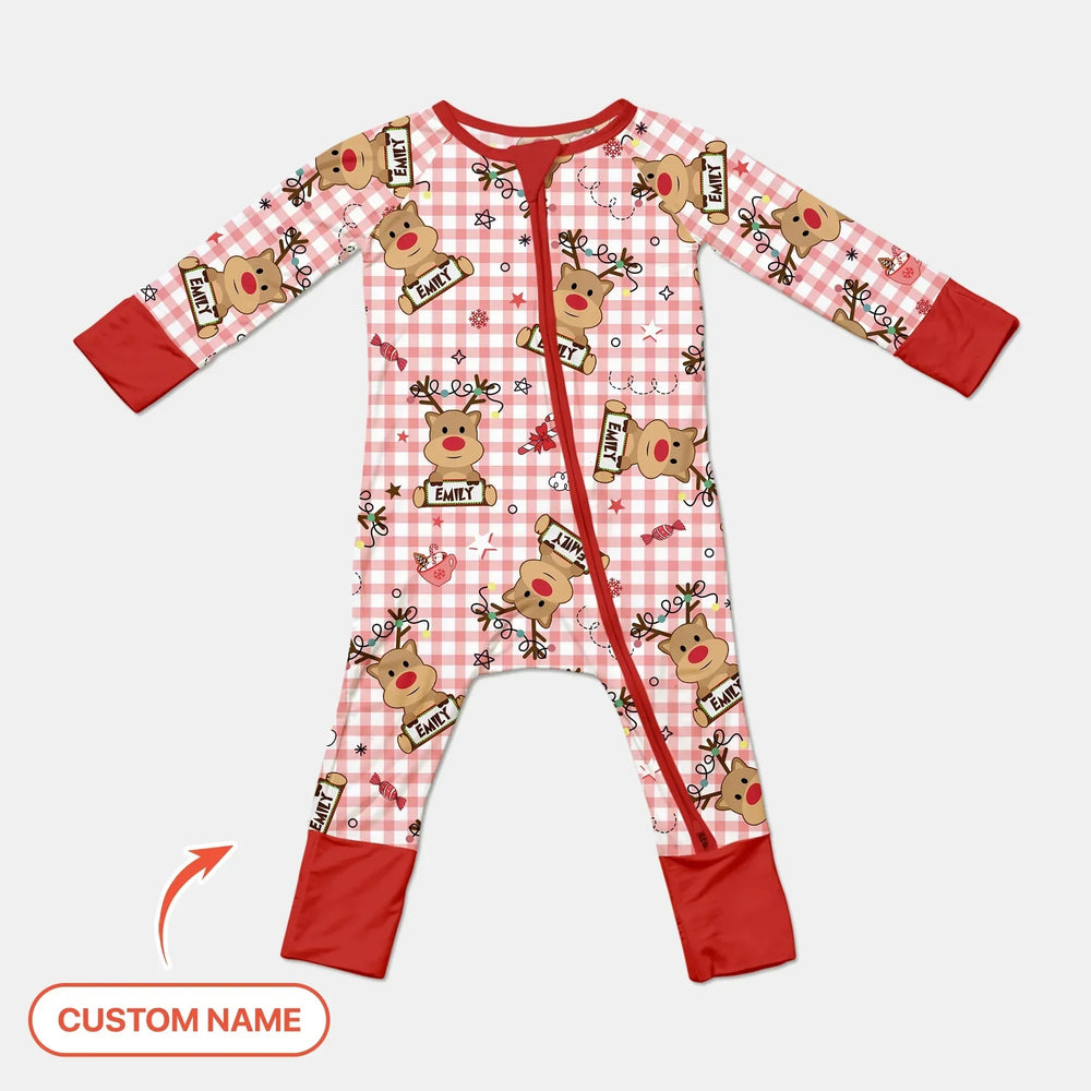 Custom Name Reindeer Gingham Convertible Zippy , Custom Name Reindeer Gingham Convertible Zippy - 0-3M