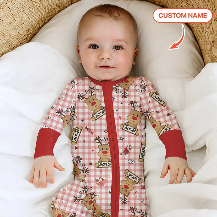 Custom Name Reindeer Gingham Convertible Zippy , Custom Name Reindeer Gingham Convertible Zippy - 0-3M