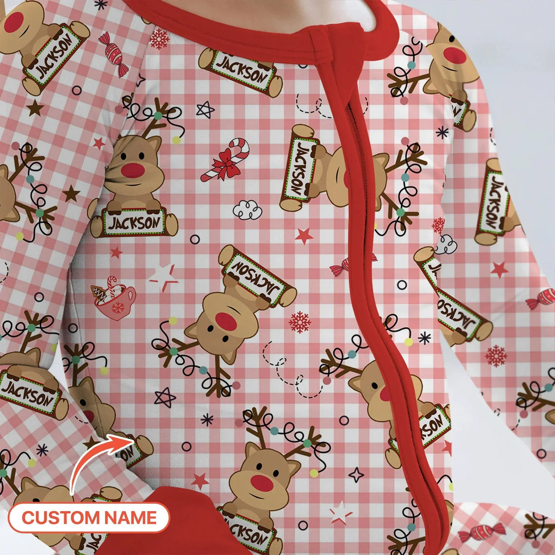 Custom Name Reindeer Gingham Convertible Zippy , Custom Name Reindeer Gingham Convertible Zippy - 0-3M