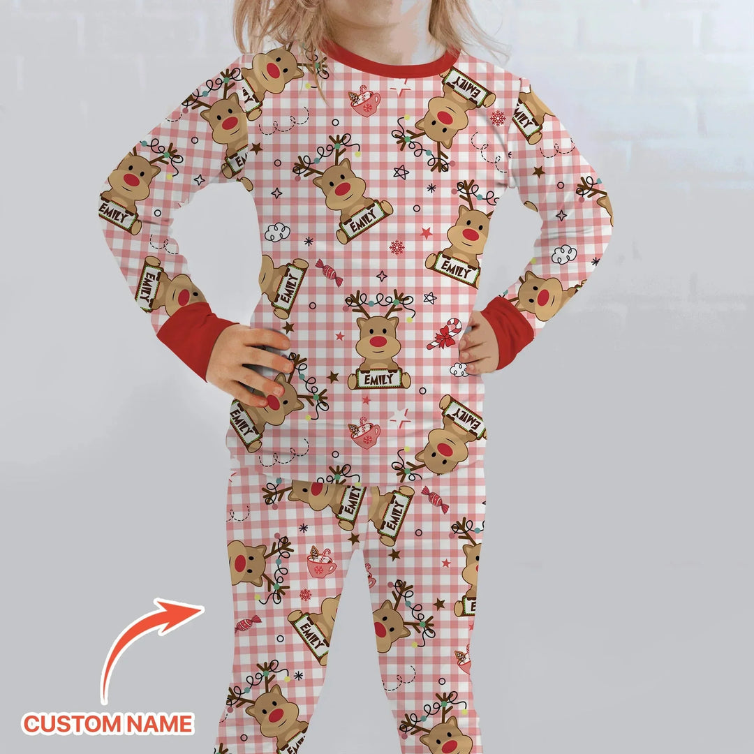 Custom Name Reindeer Gingham Two Piece Long Sleeve Pajama Set , Custom Name Reindeer Gingham Two Piece Long Sleeve Pajama Set - 12-18M