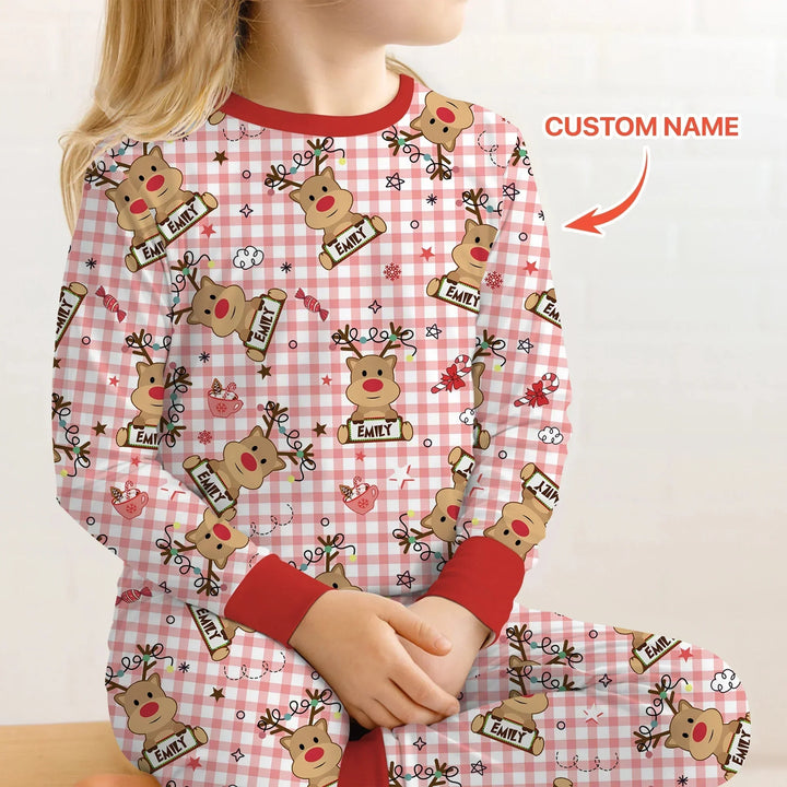 Custom Name Reindeer Gingham Two Piece Long Sleeve Pajama Set , Custom Name Reindeer Gingham Two Piece Long Sleeve Pajama Set - 12-18M