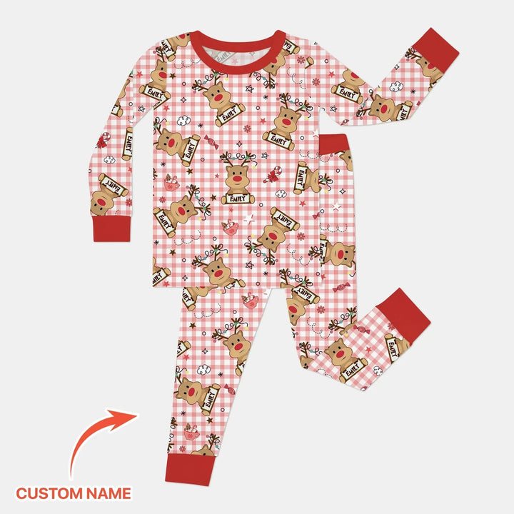 Custom Name Reindeer Gingham Two Piece Long Sleeve Pajama Set , Custom Name Reindeer Gingham Two Piece Long Sleeve Pajama Set - 12-18M