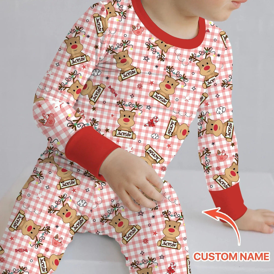 Custom Name Reindeer Gingham Two Piece Long Sleeve Pajama Set , Custom Name Reindeer Gingham Two Piece Long Sleeve Pajama Set - 12-18M