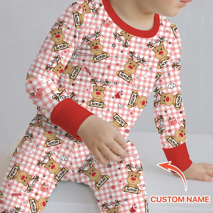 Custom Name Reindeer Gingham Two Piece Long Sleeve Pajama Set , Custom Name Reindeer Gingham Two Piece Long Sleeve Pajama Set - 12-18M
