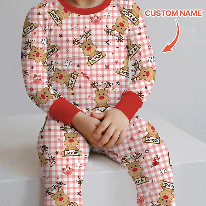 Custom Name Reindeer Gingham Two Piece Long Sleeve Pajama Set , Custom Name Reindeer Gingham Two Piece Long Sleeve Pajama Set - 12-18M