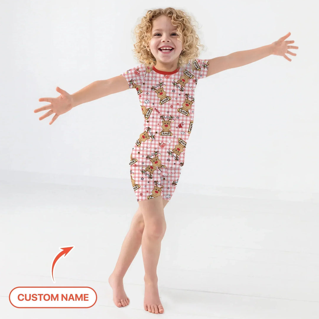 Custom Name Reindeer Gingham Two Piece Short Sleeve Shorts Pajama Set , Custom Name Reindeer Gingham Two Piece Short Sleeve Shorts Pajama Set - 12-18M
