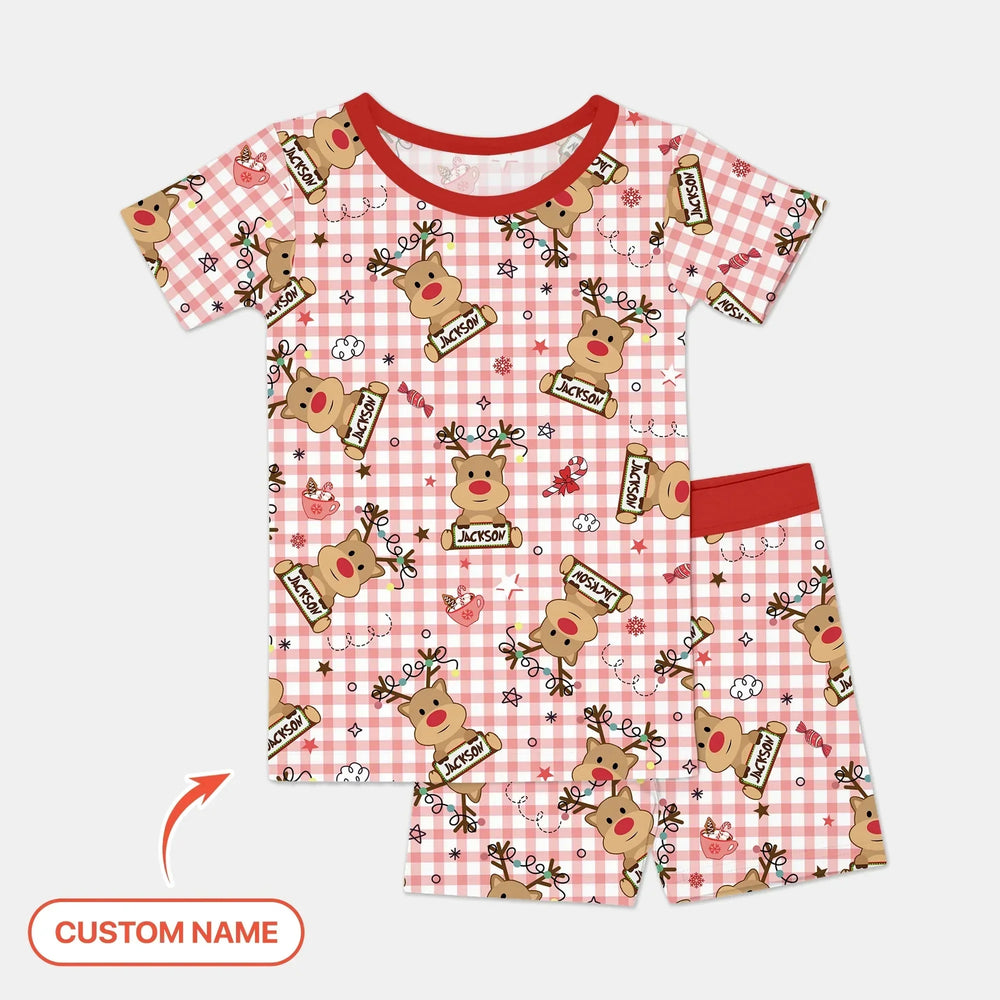 Custom Name Reindeer Gingham Two Piece Short Sleeve Shorts Pajama Set , Custom Name Reindeer Gingham Two Piece Short Sleeve Shorts Pajama Set - 12-18M