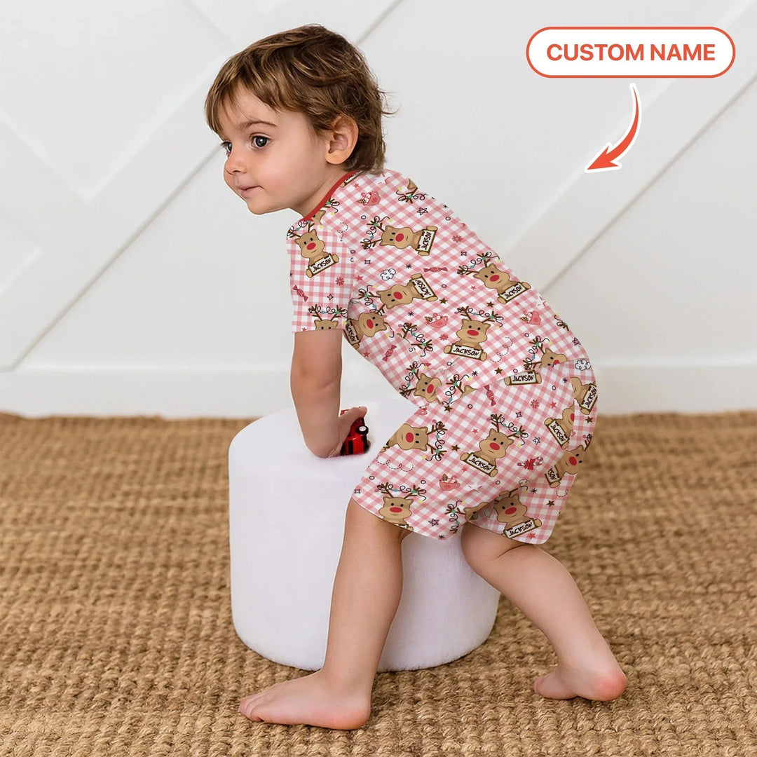 Custom Name Reindeer Gingham Two Piece Short Sleeve Shorts Pajama Set , Custom Name Reindeer Gingham Two Piece Short Sleeve Shorts Pajama Set - 12-18M