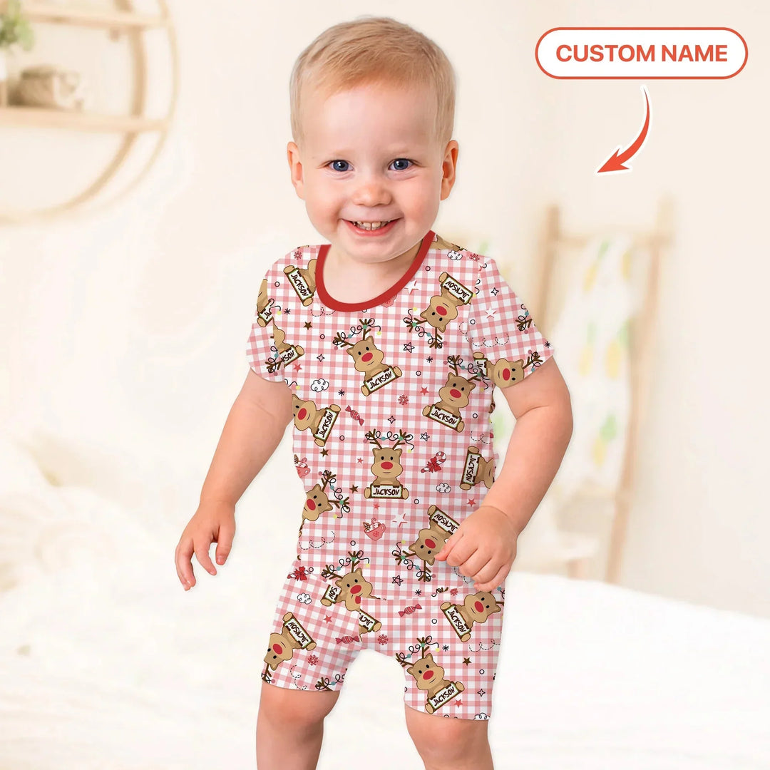 Custom Name Reindeer Gingham Two Piece Short Sleeve Shorts Pajama Set , Custom Name Reindeer Gingham Two Piece Short Sleeve Shorts Pajama Set - 12-18M