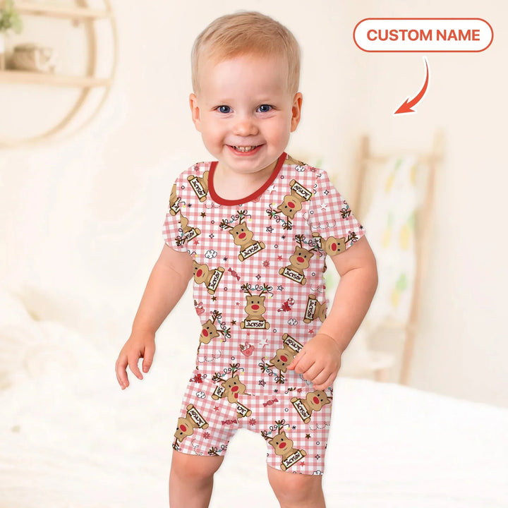 Custom Name Reindeer Gingham Two Piece Short Sleeve Shorts Pajama Set , Custom Name Reindeer Gingham Two Piece Short Sleeve Shorts Pajama Set - 12-18M