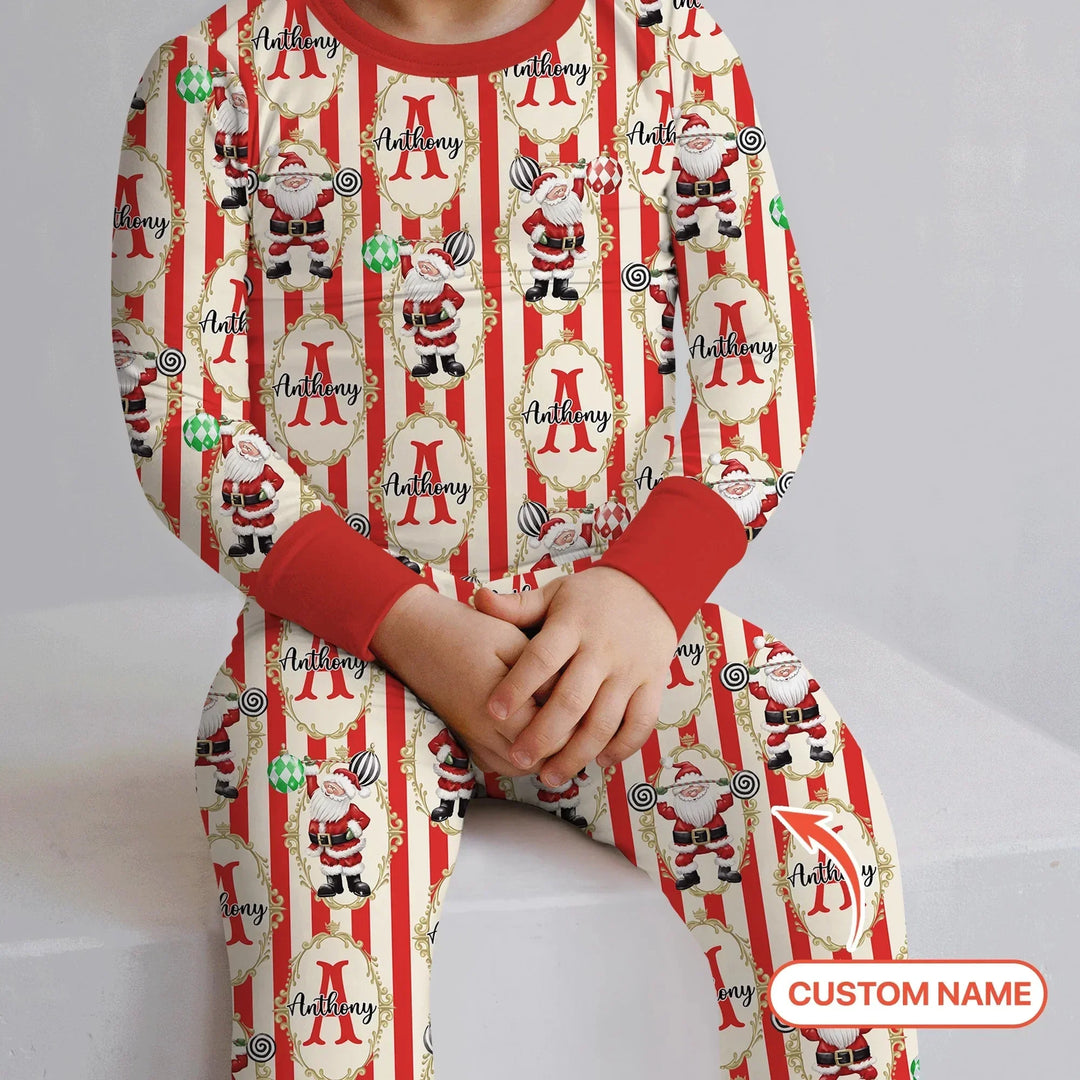 Custom Name Santa Stripes Two Piece Long Sleeve Pajama Set , Custom Name Santa Stripes Two Piece Long Sleeve Pajama Set - 12-18M