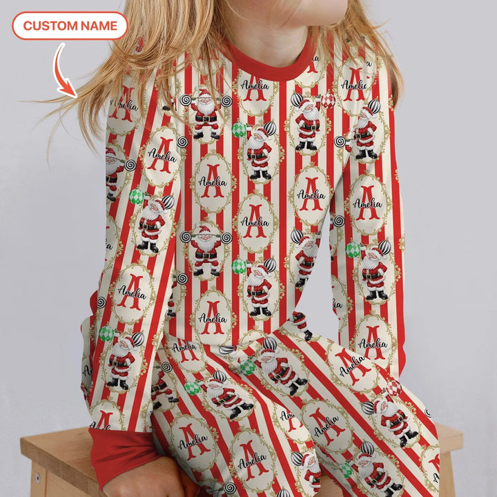 Custom Name Santa Stripes Two Piece Long Sleeve Pajama Set , Custom Name Santa Stripes Two Piece Long Sleeve Pajama Set - 12-18M
