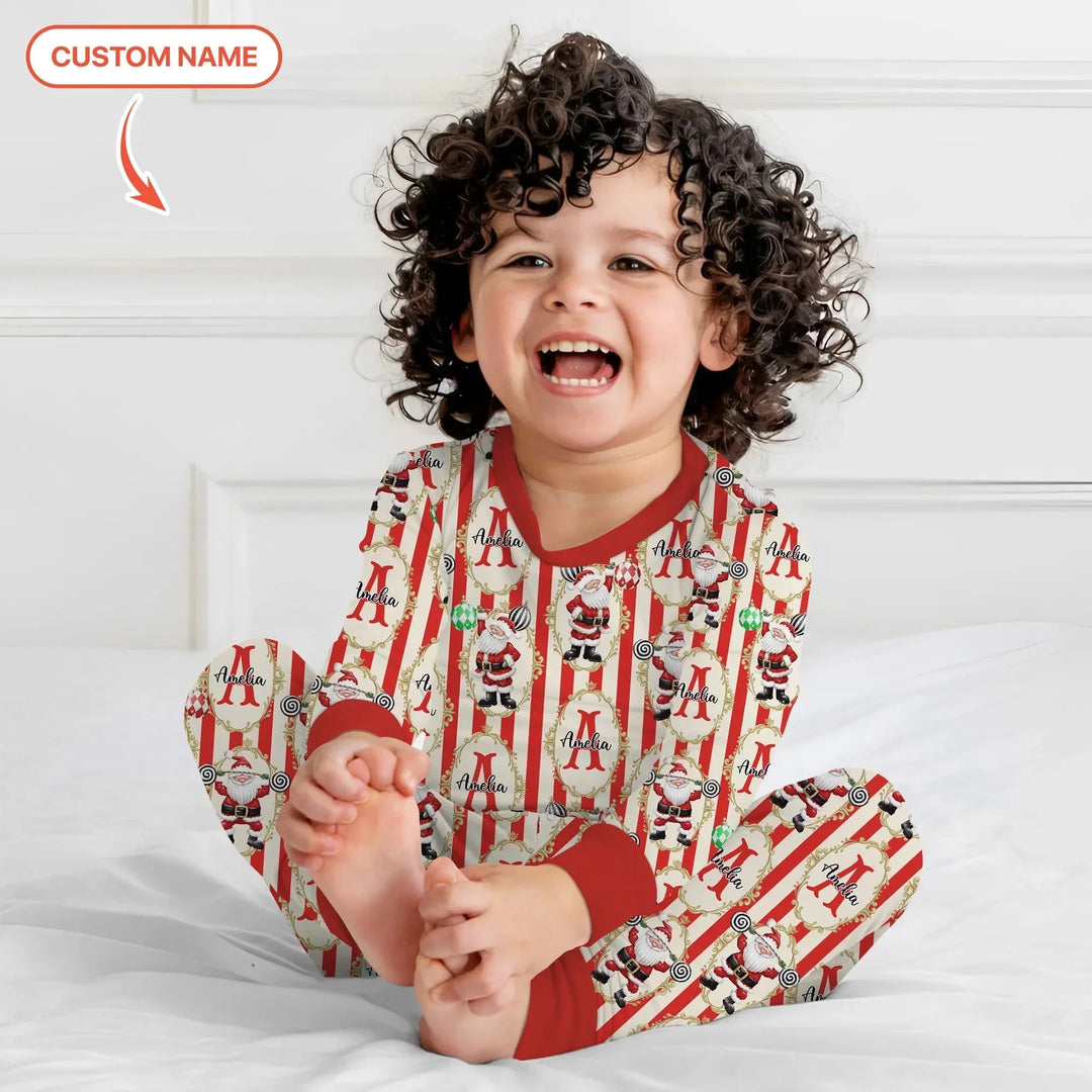 Custom Name Santa Stripes Two Piece Long Sleeve Pajama Set , Custom Name Santa Stripes Two Piece Long Sleeve Pajama Set - 12-18M