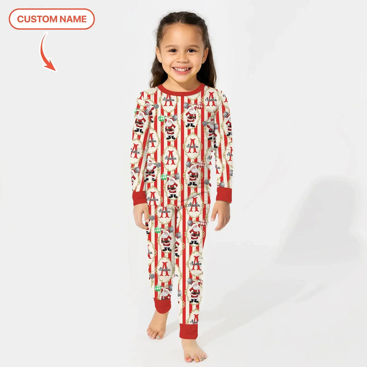 Custom Name Santa Stripes Two Piece Long Sleeve Pajama Set , Custom Name Santa Stripes Two Piece Long Sleeve Pajama Set - 12-18M