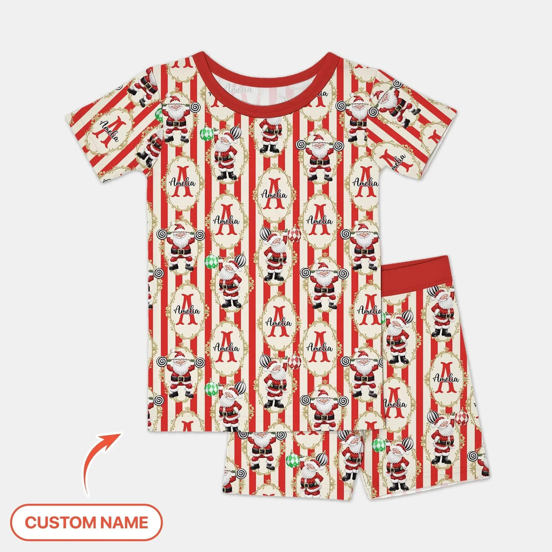 Custom Name Santa Stripes Two Piece Short Sleeve Shorts Pajama Set , Custom Name Santa Stripes Two Piece Short Sleeve Shorts Pajama Set - 12-18M