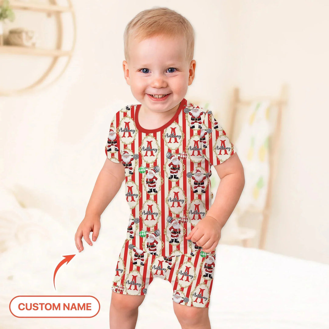 Custom Name Santa Stripes Two Piece Short Sleeve Shorts Pajama Set , Custom Name Santa Stripes Two Piece Short Sleeve Shorts Pajama Set - 12-18M