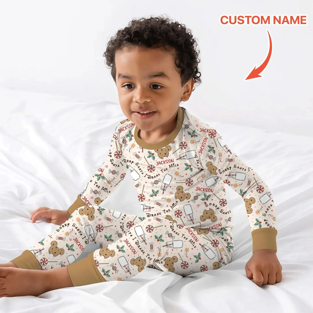 Custom Name Sorry Santa I Drank The Milk Two Piece Long Sleeve Pajama Set , Custom Name Sorry Santa I Drank The Milk Two Piece Long Sleeve Pajama Set - 12-18M