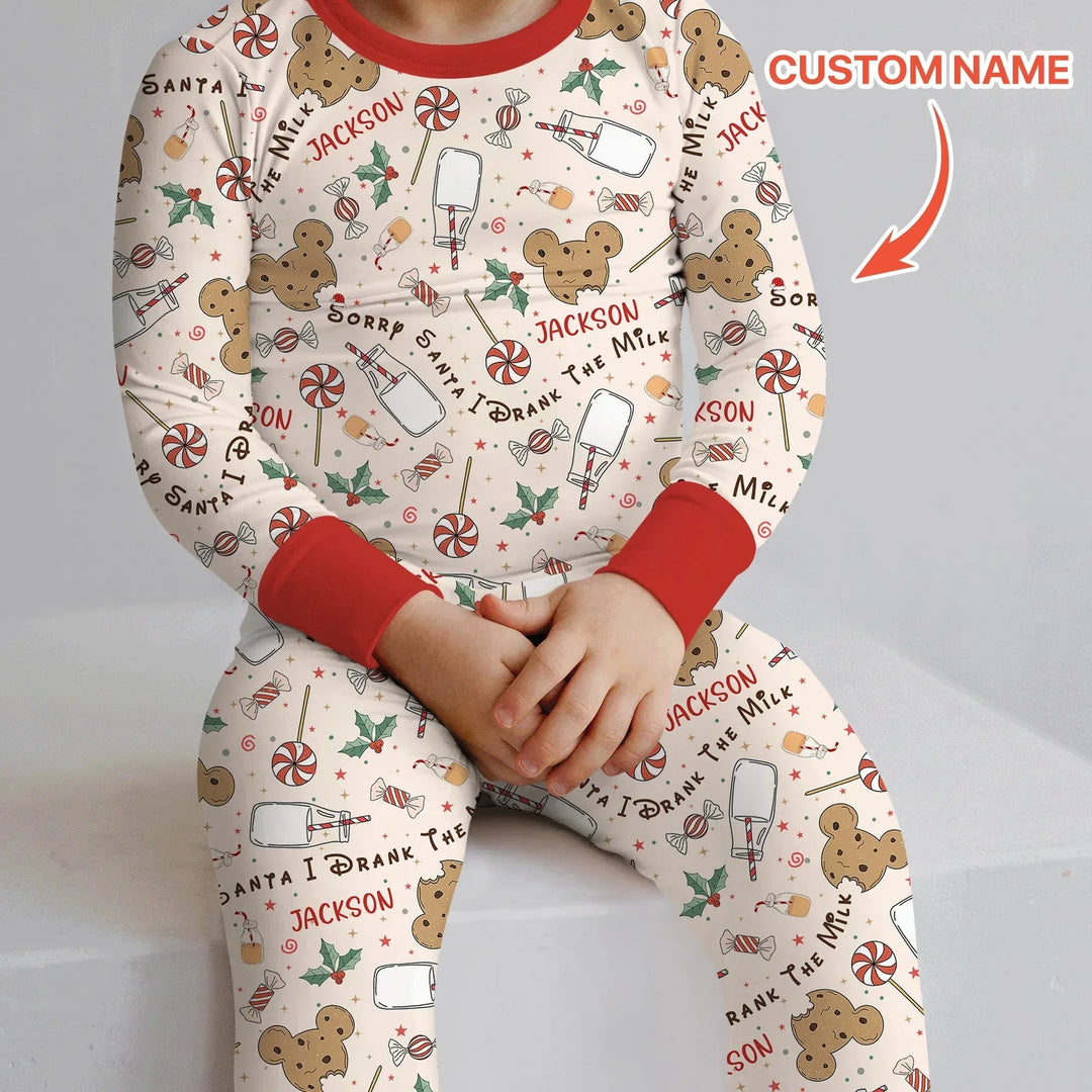 Custom Name Sorry Santa I Drank The Milk Two Piece Long Sleeve Pajama Set , Custom Name Sorry Santa I Drank The Milk Two Piece Long Sleeve Pajama Set - 12-18M
